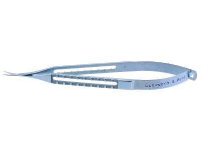 D&K Castroviejo miniature corneal scissors, 4 1/2'',curved 6.0mm blades, blunt tips, flat handle, titanium