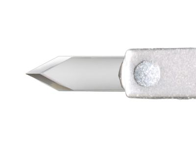 Mastel SafetyLance paracentesis diamond knife, straight, 1.00mm wide blade, tip angle 60º, safety beveled sides, sharp tip, president fixed handle