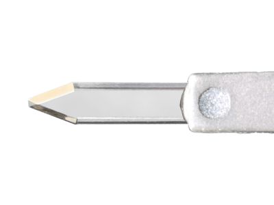 Mastel UltraThin BUCK paracentesis diamond knife, angled, 1.00mm wide blade, 0.20mm truncated tip, sharp sides, president fixed handle
