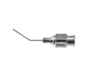 McIntyre anterior chamber irrigating cannula, 23 gauge, angled 45º, 12.0mm from bend to tip, blunt tip, 18.0mm overall length excluding hub