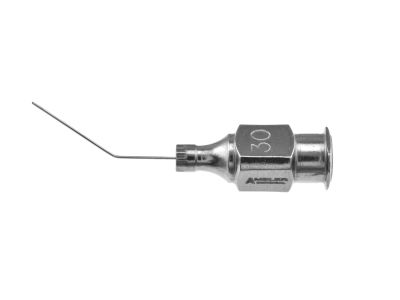 McIntyre anterior chamber irrigating cannula, 30 gauge, angled 45º, 12.0mm from bend to tip, blunt tip, 18.0mm overall length excluding hub