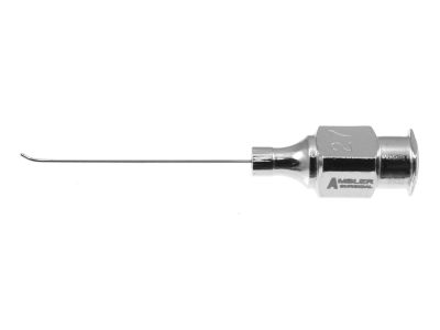 Osher lens vacuuming cannula, 27 gauge, curved, 0.15mm upward facing port, 25.0mm overall length excluding hub