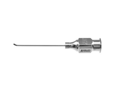 Anis cortex aspirating cannula, 23 gauge thin-wall, angled 35º, 0.4mm side port opening, sandblasted tip, 1.5mm from bend to tip, 26.0mm overall length excluding hub