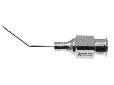 Simcoe anterior capsule polisher cannula, 23 gauge, angled 45º, 14.0mm from bend to tip, sandblasted anterior tip, 16.0mm overall length excluding hub