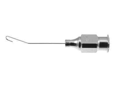 Hydrodissection cannula, 27 gauge, angled left, 10.0mm from bend to tip, 3.0mm wide U-shaped tip, 25.0mm overall length excluding hub