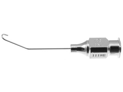 Hydrodissection cannula, 25 gauge, angled right, 10.0mm from bend to tip, 3.0mm wide U-shaped tip, 25.0mm overall length excluding hub