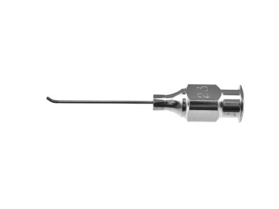 Kratz capsule scraper cannula, 23 gauge, angled, sandblasted tip, 1.0mm from bend to tip, overall length 21.0mm excluding hub