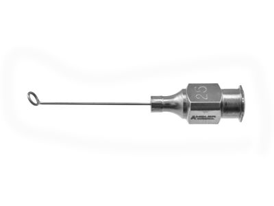 Drews capsule polisher cannula, 25 gauge, angled, 2.5mm posterior sandblasted ring tip, 0.2mm irrigating port at 6 o'clock, 23.0mm overall length excluding hub