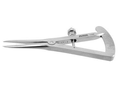 Castroviejo caliper, 3 1/2'', straight tips, measures from 0-20mm in 1.0mm increments, adjustable thumb-screw tension