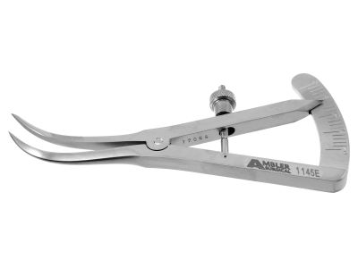 Castroviejo caliper, 3 1/2'', curved tips, measures from 0-20mm in 1.0mm increments, adjustable thumb-screw tension