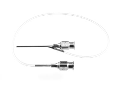 Jensen-Thomas anterior capsule irrigating-aspirating cannula, 23 gauge, straight, side by side 0.3mm side ports, supplied with 10''of tubing and luer-lock adapter, 32mm overall length excluding hub
