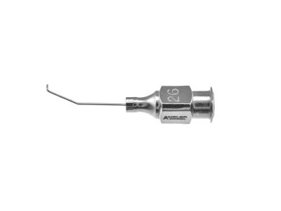 Gimbel irrigating cannula, 26 gauge, angled, blunt tip, 7.0mm from bend to tip, front opening, 17.0mm overall length excluding hub