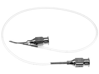 Simcoe irrigation-aspiration cannula, 23 gauge thin-wall, curved, 0.3mm aspiration through top port, irrigation through side opening, supplied with 10''of tubing and luer-lock adapter, 15.0mm overall length excluding hub