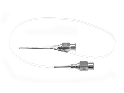 O'Gawa two-way irrigating/aspirating cannula, 18 gauge irrigation, 23 gauge aspiration, 0.3mm port, beveled tip, supplied with 12''of tubing and luer-lock adapter, 30mm overall length excluding hub