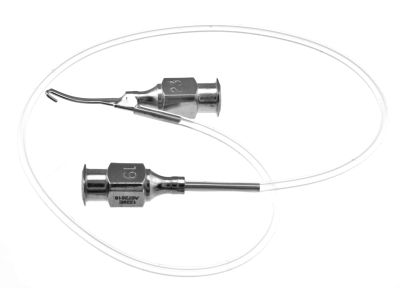 Simcoe irrigation-aspiration cannula, 23 gauge thin-wall, curved left, U-shaped tip, 0.3mm anterior aspiration port, supplied with 10''of tubing and luer-lock adapter, 15.0mm overall length excluding hub