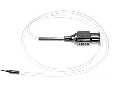 Heslin infusion cannula, 25 gauge, sandblasted beveled tip, supplied with 10''of silicone tubing and luer-lock adapter