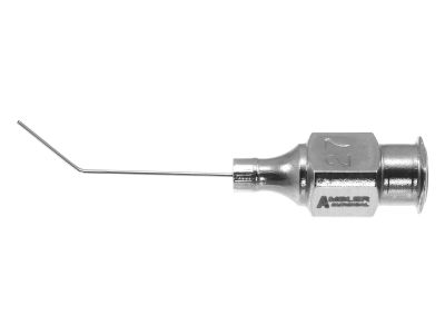 Nucleus hydrodissection cannula, 27 gauge, angled 35º, 8.0mm from bend to tip, horizontal flattened tip, 22mm overall length excluding hub