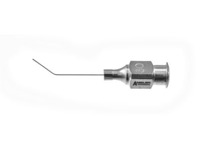 Nucleus hydrodissection cannula, 30 gauge, angled 35º, 8.0mm from bend to tip, horizontal flattened tip, 22mm overall length excluding hub