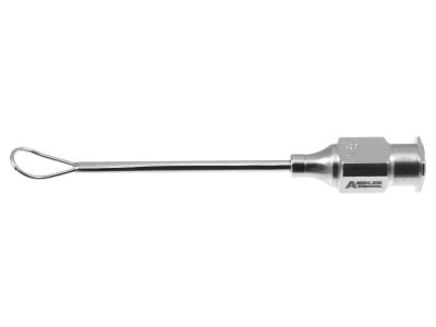 Knolle-Pearce irrigating vectus cannula, 23 gauge thin-wall, 16 gauge reinforced shaft, straight, 6.0mm x 9.0mm loop, 0.3mm irrigating ports at 10, 12 and 2 o'clock, 38.0mm overall length excluding hub