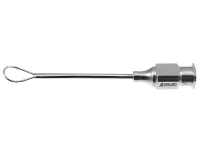 Drews-Knolle reverse irrigating vectus cannula, 23 gauge thin-wall, 16 gauge reinforced shaft, curved, 0.3mm irrigating ports, one 12 o'clock and two backward ports, 38.0mm overall length excluding hub