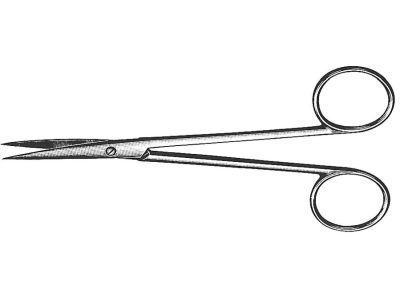 Jones dissecting scissors, 5 1/2'', delicate, curved blades, micro serrated lower blade, sharp tips, ring handle