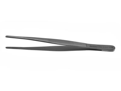 Dressing forceps, 4 1/2'', straight, serrated jaws, flat handle