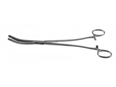 Heaney-Ballentine hysterectomy forceps, 10 1/2'',curved, longitudinal serrated, single-toothed jaws, ring handle