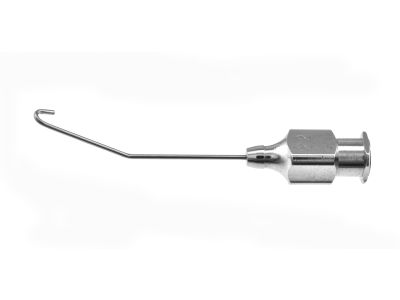 Binkhorst irrigating cannula, 22 gauge, angled 30º right, 13.0mm from bend to tip, blunt 2.5mm wide J-shaped tip, front opening, 35.0mm overall length excluding hub