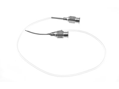 Grandon irrigation-aspirating cannula, 23 gauge, curved left, 1 o'clock U-shaped tip, 0.3mm ports, with 10''of tubing and luer-adapter, 27.0mm overall length excluding hub