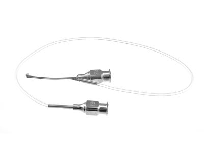 Grandon irrigation-aspirating cannula, 23 gauge, curved right, 11 o'clock U-shaped tip, 0.3mm ports, with 10''of tubing and luer-adapter, 27.0mm overall length excluding hub