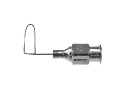Simcoe nucleus delivery cannula, 25 gauge thin-wall, angled right, serrated 4.0mm x 13.0mm loop, dual 0.2mm irrigating ports, 13.0mm overall length excluding hub