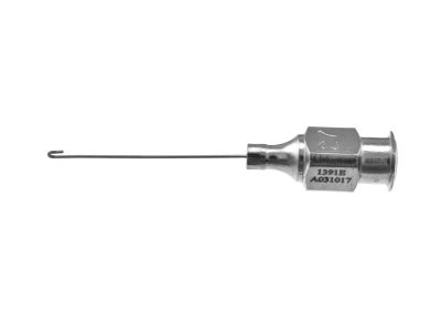Thornton aspirating capsule polisher cannula, 27 gauge, straight, 1.5mm wide U-shaped sandblasted tip, for aspiration at the 12 o'clock position, 23.0mm overall length excluding hub
