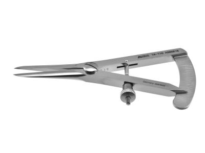 Castroviejo caliper, 3 1/2'', straight tips, measures from 0-15mm in 1.0mm increments, adjustable thumb-screw tension