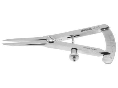 Castroviejo caliper, 3 1/2'', straight tips, measures from 0-20mm in 0.5mm increments, adjustable thumb-screw tension
