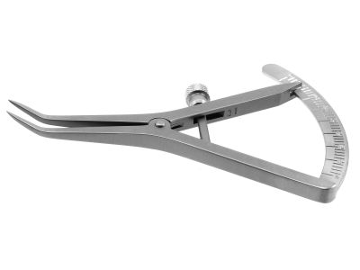Castroviejo caliper, 3 1/2'', angled tips, measures from 0-40mm in 1.0mm increments, adjustable thumb-screw tension