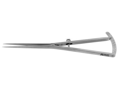 Castroviejo caliper, 7'', straight tips, measures from 0-40mm in 1.0mm increments, adjustable thumb-screw tension