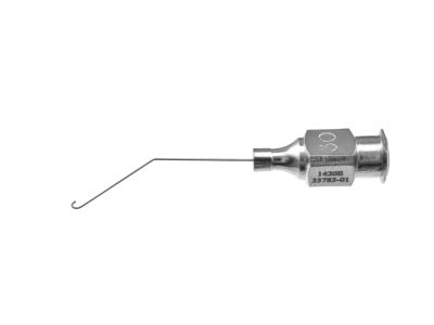 Gimbel cortex removal irrigating cannula, 30 gauge, angled, 15.0mm bend to tip, 1.4mm wide J-shaped tip, front opening, 28.0mm overall length excluding hub