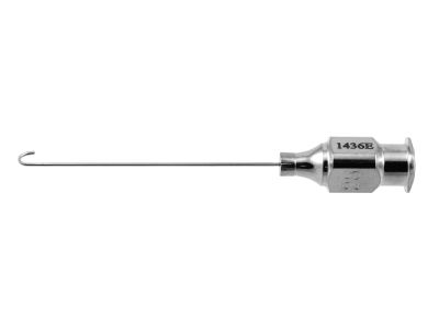 Binkhorst irrigating cannula, 25 gauge, straight, blunt 2.5mm wide J-shaped tip, front opening, 35.0mm overall length excluding hub