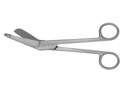 Lister bandage scissors, 7 1/4'', angled blades, micro serrated upper blade, probe point tip, ring handle