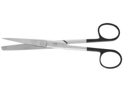 Moleskin scissors, 7'', straight Superior cut blades, micro serrated lower blade, sharp/blunt tips, black ring handle