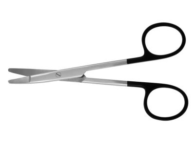 Kilner dissecting scissors, 4 3/4'', curved Superior-Cut blades, micro serrated lower blade, blunt flattened tips, black ring handle