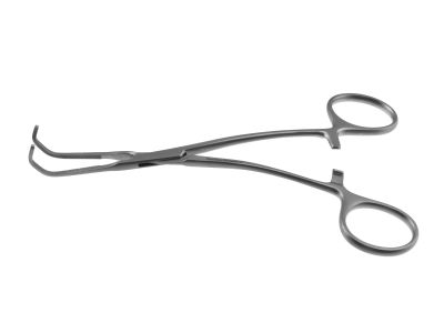 Castaneda anastomosis clamp, 6'',small, curved shanks, curved, 1.5cm long x 5.0mm deep serrated jaws, ring handle