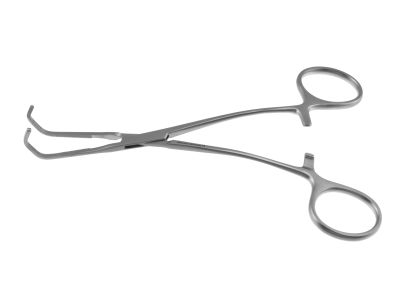 Castaneda anastomosis clamp, 6'',medium, curved shanks, curved, 1.8cm long x 6.0mm deep serrated jaws, ring handle