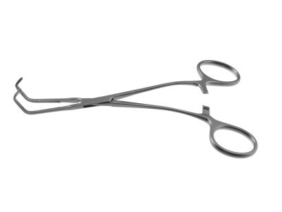 Castaneda anastomosis clamp, 6'',large, curved shanks, curved, 2.1cm long x 7.0mm deep serrated jaws, ring handle