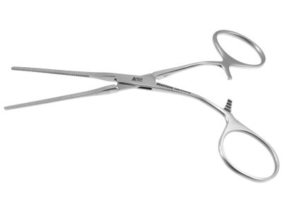 Castaneda multi-purpose clamp, 5'',neonatal, curved shanks, straight, 3.5cm long serrated jaws, ring handle