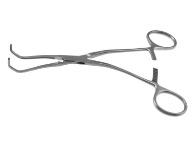 Cooley anastomosis clamp, 6 1/2'',angled shanks, angled, 1.9cm long x 7.3mm deep atraumatic jaws, ring handle