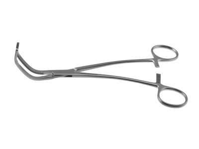 Cooley aorta clamp, 8'',pediatric, curved shanks, angled, 4.7cm long X 1.3cm deep atraumatic jaws, ring handle