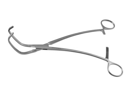 Cooley aorta clamp, 10'',curved/angled, 7.5cm long x 1.7cm deep atraumatic jaws, ring handle