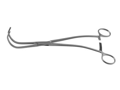 Cooley aorta clamp, 10 3/4'',curved/angled, 5.5cm long x 1.5cm deep atraumatic jaws, ring handle