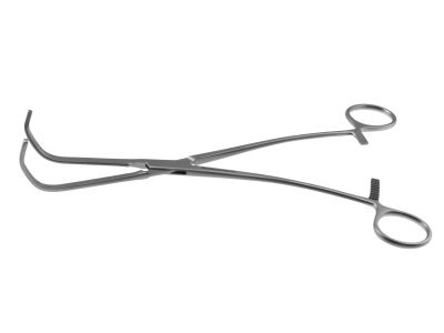 Cooley auricular appendage forceps, 9 1/2'',curved shanks, angled, 4.9cm long x 1.3cm deep atraumatic jaws, ring handle